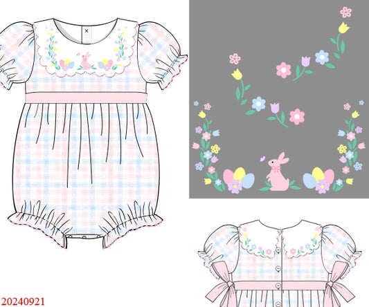 PINK / BLUE CHECK BUBBLE w/ EMBROIDERED FLORAL EASTER BUNNY & EGGS