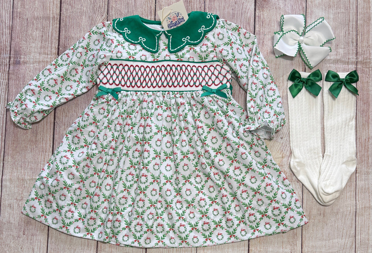GREEN SMOCKED GEOMETRIC CHRISTMAS DRESS (po225extras)