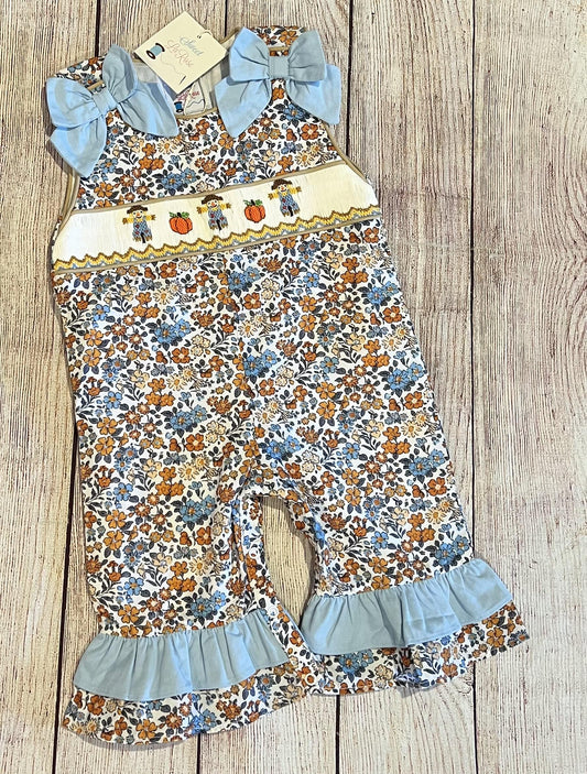 HAND SMOCKED BLUE FLORAL PUMPKIN SCARECROW OVERALLS // ETA MID TO LATE JUNE (po220 extras)
