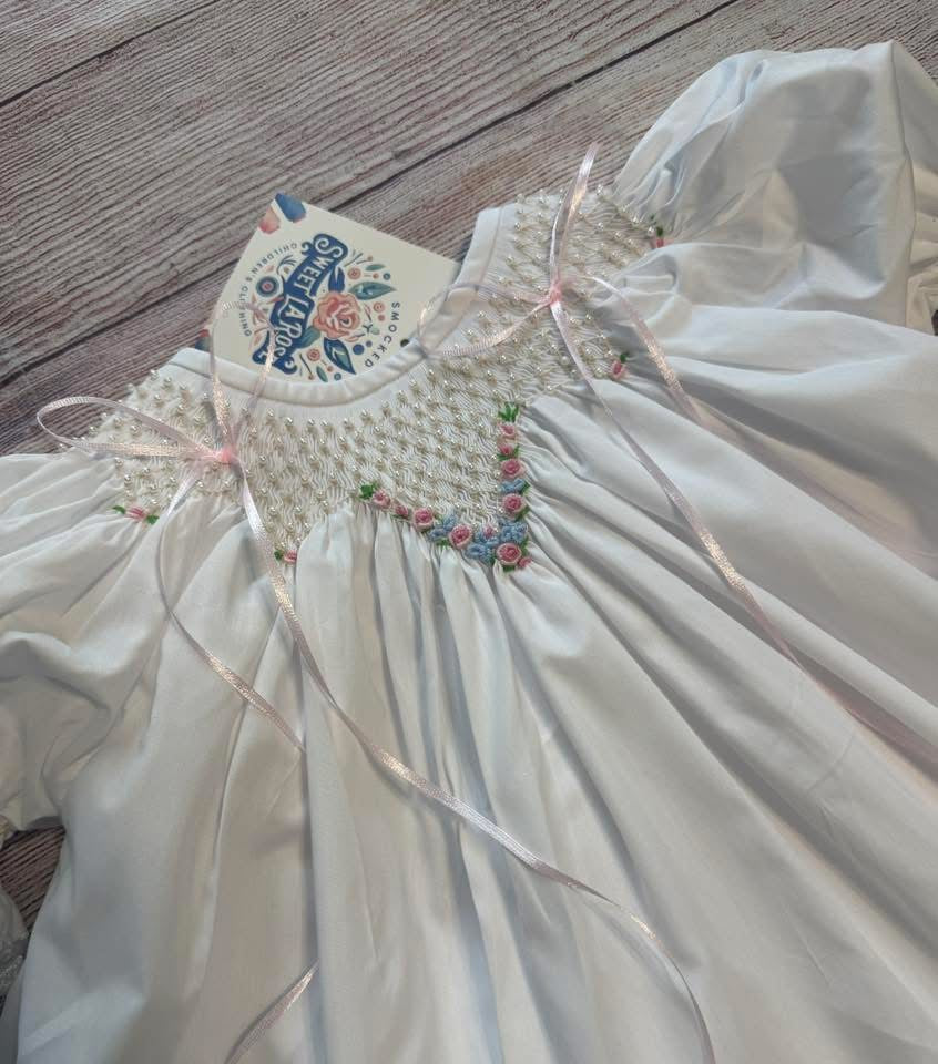 WHITE HEIRLOOM SMOCKED EMBROIDERED FLORAL DRESS w/ PEARLS & SATIN RIBBONS (heirloom #2)