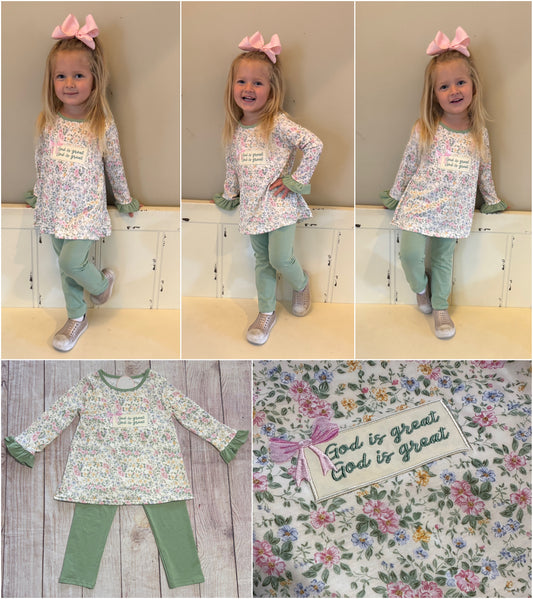 GREEN FLORAL GOD IS GREAT EMBROIDERY RUFFLE PANT SET (order #12)