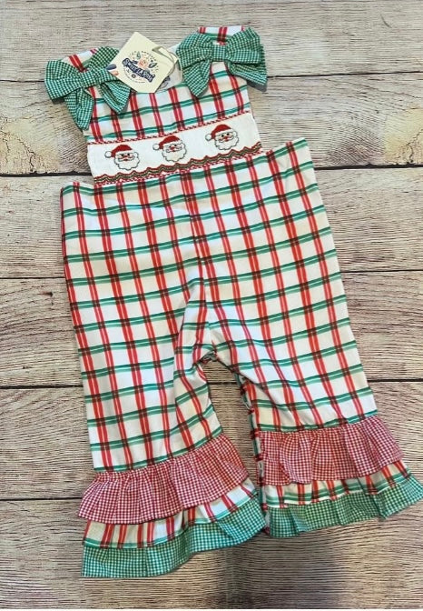 HAND SMOCKED SANTA OVERALLS w/ RUFFLES & BOWS