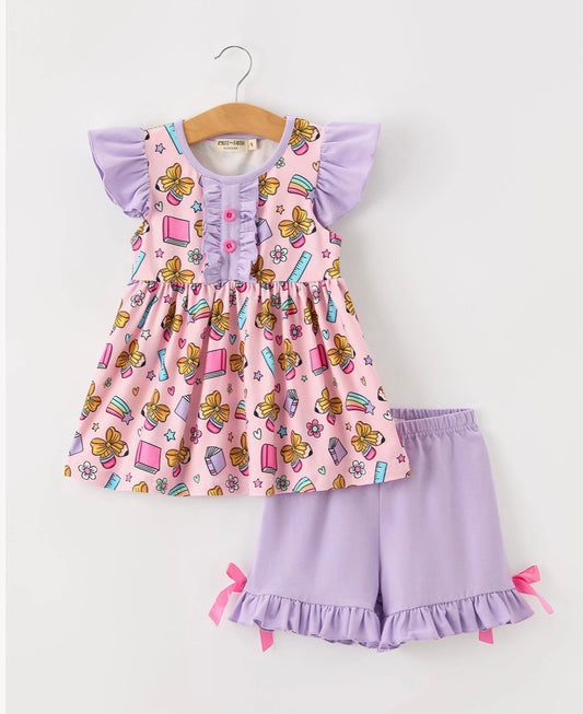 PURPLE BACK TO SCHOOL CRAYON BOW RUFFLE SHORT SET .. ETA LATE JUNE (shorts)