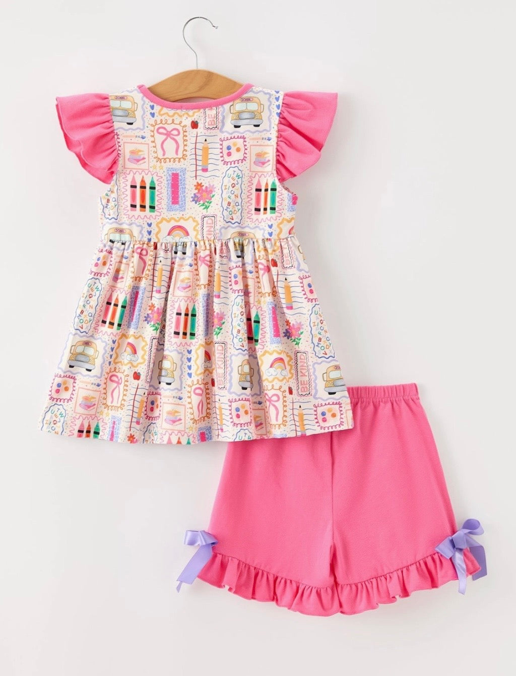 PINK BACK TO SCHOOL CRAYON BOW SHORT SET