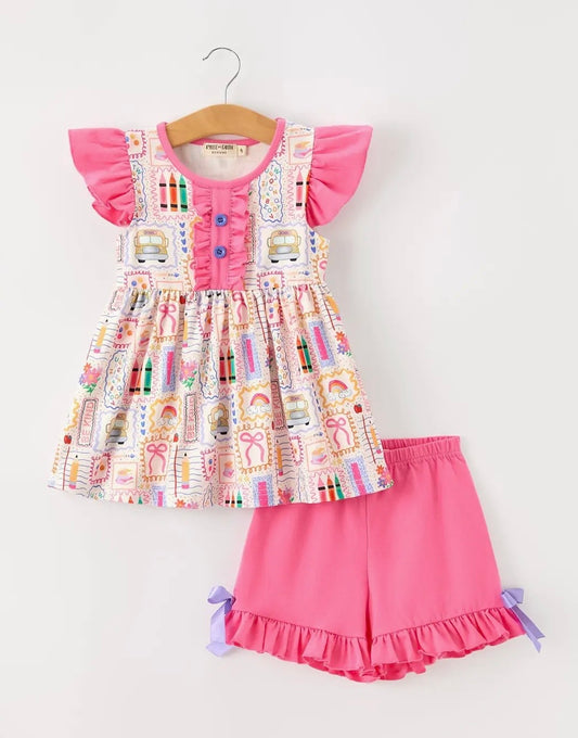 PINK BACK TO SCHOOL CRAYON BOW FLUTTER SLEEVE SHORT SET .. ETA LATE JUNE (shorts)