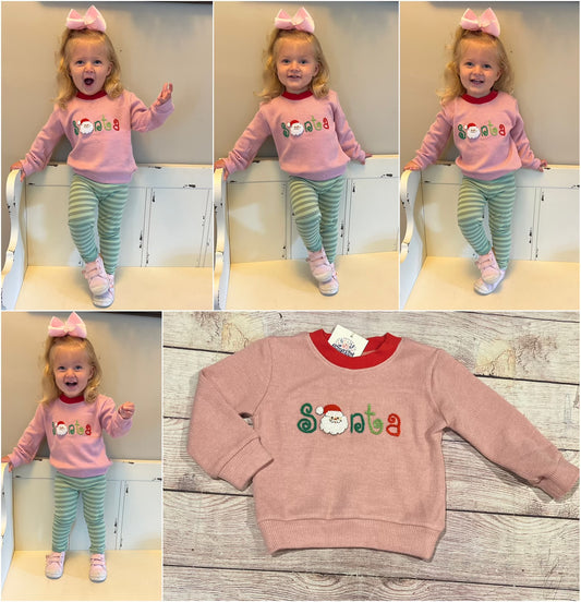 PINK / RED EMBROIDERED SANTA FRENCH KNOT SWEATER ( READY TO SHIP)  (po187a)