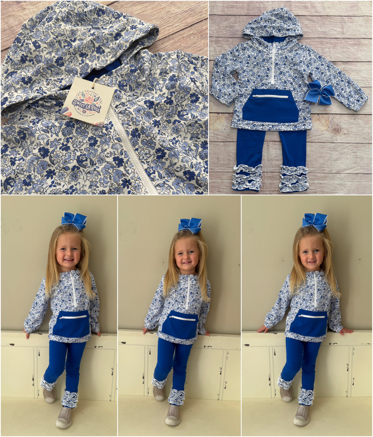 BLUE / LIGHT BLUE FLORAL KNIT JOGGER SET w/ ROYAL BLUE & WHITE MOONSTITCH BOW