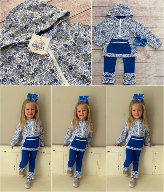 BLUE / LIGHT BLUE FLORAL KNIT JOGGER SET w/ ROYAL BLUE & WHITE MOONSTITCH BOW
