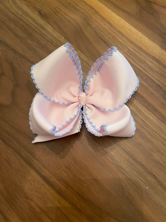 LIGHT PINK HAIR BOW w/ BLUE MOONSTITCH & ALLIGATOR CLIP