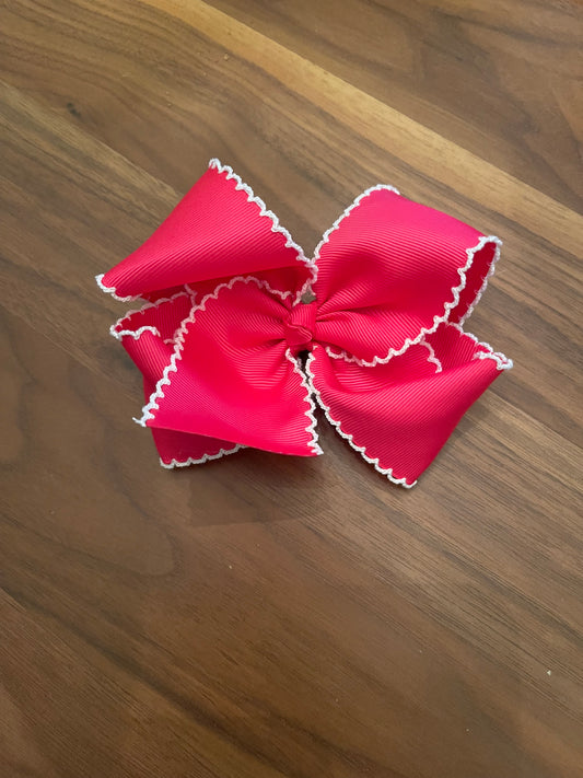 HOT PINK HAIRBOW w/ WHITE MOONSTITCH w/ ALLIGATOR CLIP