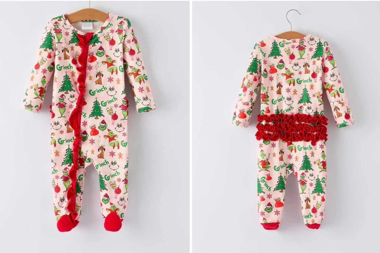 PINK GRINCH CHRISTMAS TREE RUFFLE ROMPER // ETA LATE AUGUST TO EARLY SEPT (PJS)