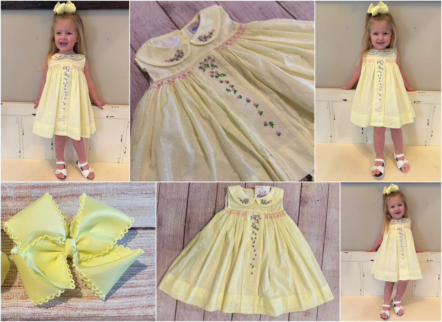 YELLOW DOT SWISS DRESS w/ HAND EMBROIDERED FLOWERS (fully lined) (order211a)