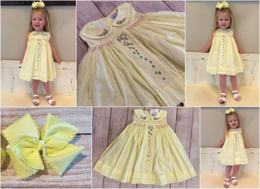 YELLOW DOT SWISS DRESS w/ HAND EMBROIDERED FLOWERS (fully lined) (order211a)