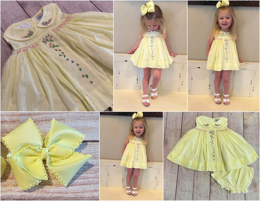 YELLOW DOT SWISS BLOOMER SET w/ HAND EMBROIDERED FLOWERS (fully lined) (order211a)