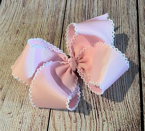 LIGHT PINK HAIR BOW w/ WHITE MOONSTITCH & ALLIGATOR CLIP (po215)