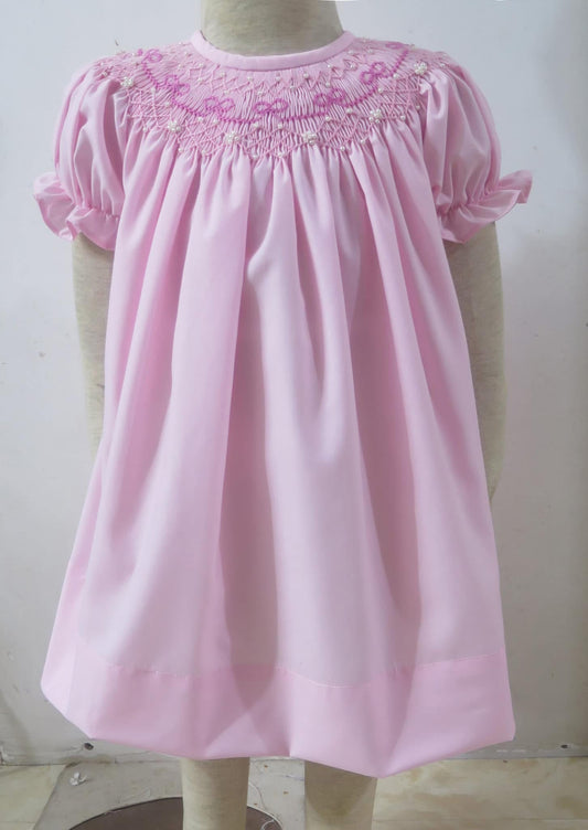 PINK SMOCKED BOW GEOMETRIC DRESS w/ PEARLS (fully lined) / (heirloom #1 extras)