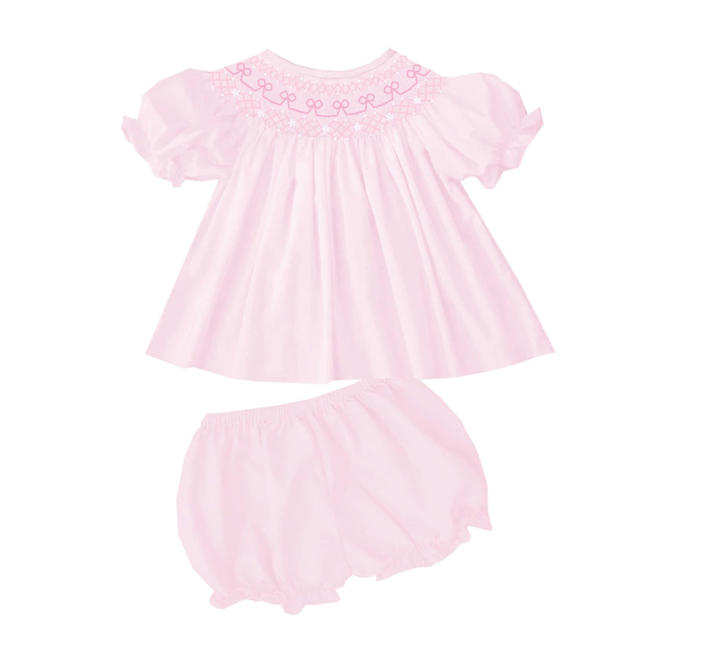 PINK SMOCKED BOW GEOMETRIC BLOOMER SET w/ PEARLS (fully lined) / (heirloom #1 extras)
