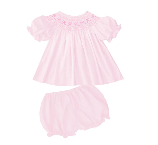 PINK SMOCKED BOW GEOMETRIC BLOOMER SET w/ PEARLS (fully lined) / (heirloom #1 extras)