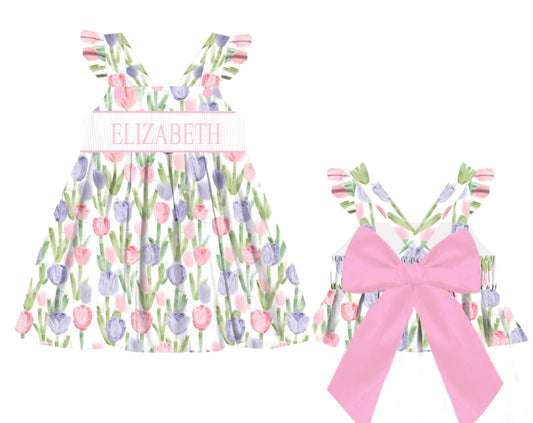 HAND SMOCKED TULIP BOW NAME DRESS / ETA MID TO LATE FEBRUARY (spring #2)