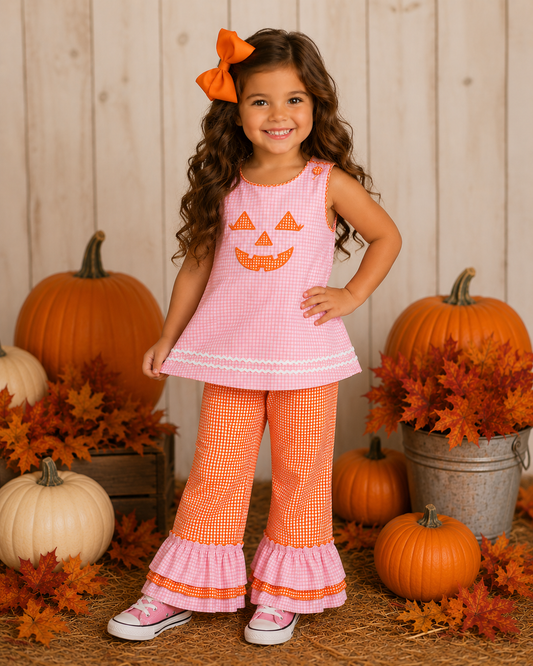 PINK / ORANGE GINGHAM HALLOWEEN JACK O’LANTERN PANT SET // ETA MID TO LATE JUNE (po220 extras)