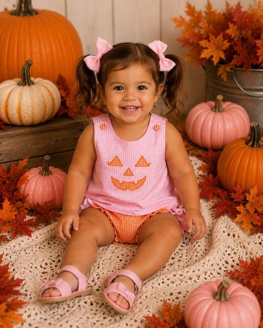 PINK / ORANGE GINGHAM JACK O’LANTERN BLOOMER SET // ETA MID TO LATE JUNE (po220 extras)