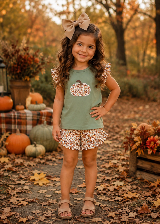 FELDSPAR GREEN FALL PUMPKIN FLORAL APPLIQUE SHORT SET // ETA MID TO LATE JUNE (po220 extras)