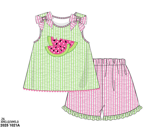 PINK / LIME SEERSUCKER WATERMELON SHORT SET (fully lined) (po212)