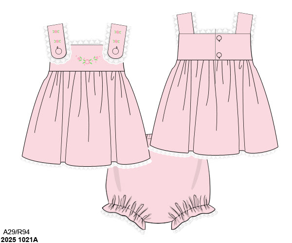 PINK HAND EMBROIDERED FLORAL & LACE BLOOMER SET  (fully lined) (po212)