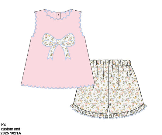 PINK FLORAL BOW SHORT SET  (fully lined) (po212)