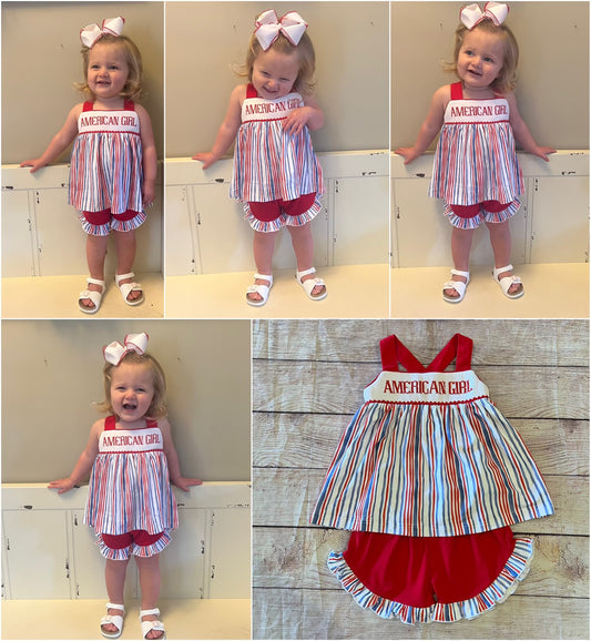 GIRL PATRIOTIC STRIPE “AMERICAN GIRL” SHORT SET