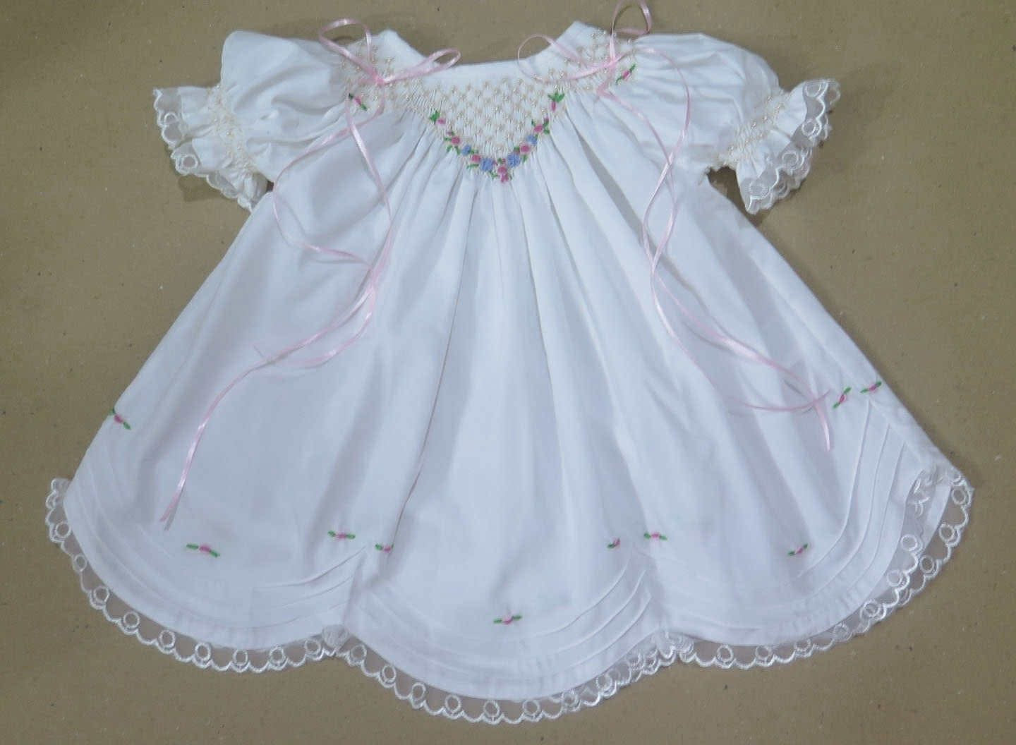 WHITE HEIRLOOM SMOCKED EMBROIDERED FLORAL DRESS w/ PEARLS & SATIN RIBBONS (heirloom #1 extras)