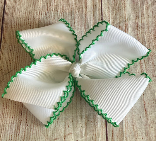 WHITE w/ GREEN MOONSTITCH HAIRBOW (#204)