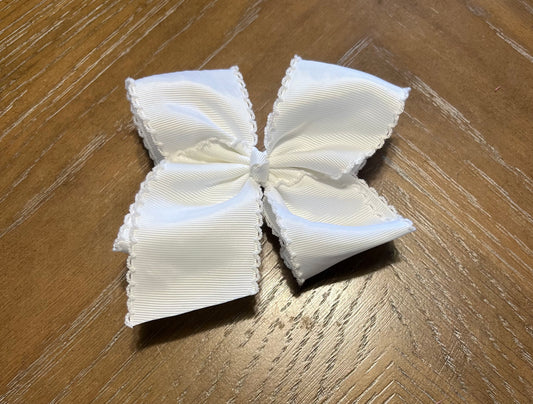 WHITE 6” HAIRBOW w/ WHITE MOONSTITCH w/ ALLIGATOR CLIP (po186 extras)