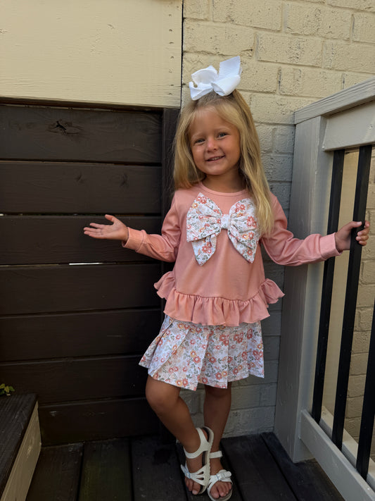 PEACH FLORAL BOW SHIRT WITH PLEATED SKORT SET // ETA MID TO LATE JUNE (po220 extras)
