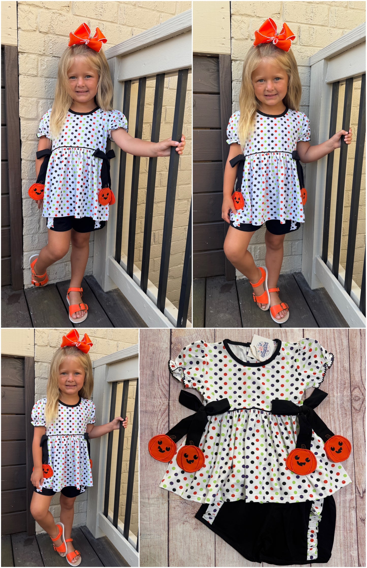 PUMPKIN POLKA DOT HALLOWEEN SHORT SET WITH PUMPKIN BOWS // ETA MID TO LATE JUNE (po220 extras)