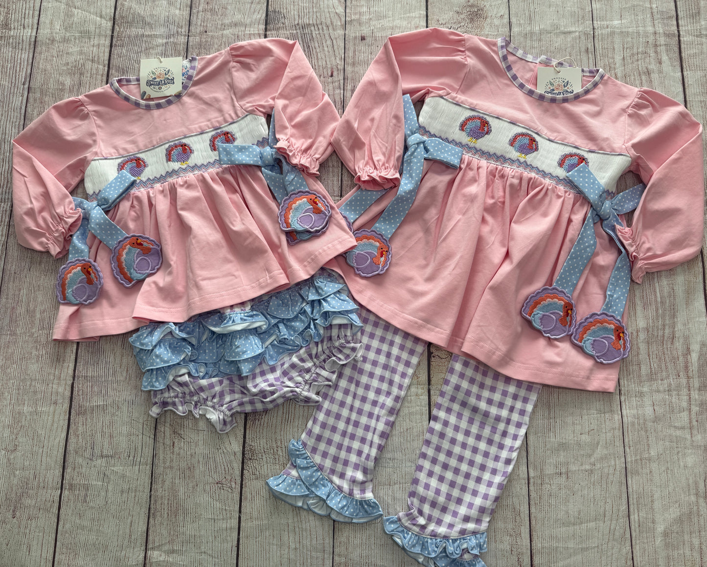 HAND SMOCKED PINK & PURPLE TURKEY BLOOMER SET / ETA LATE AUGUST (po224)