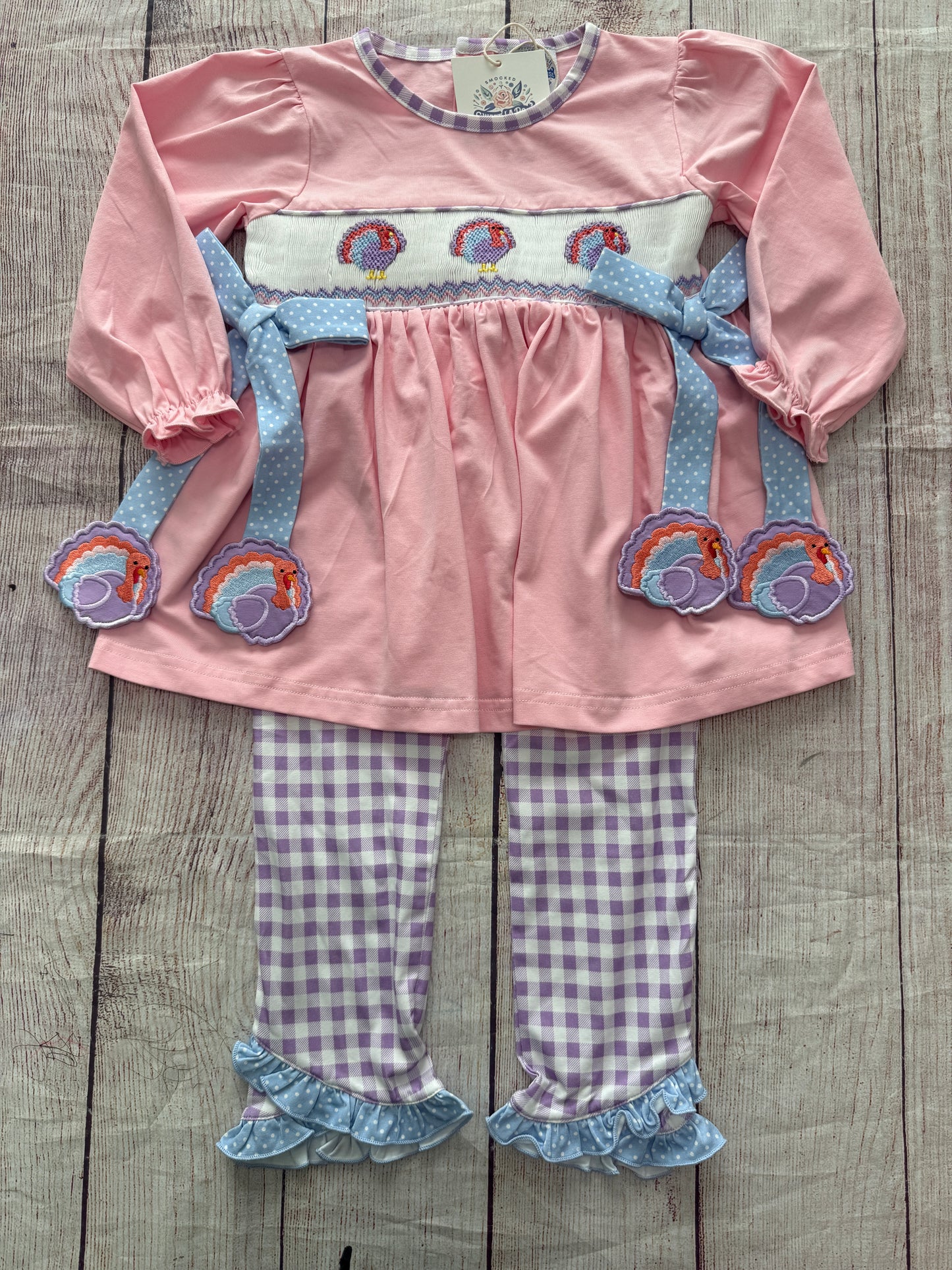 HAND SMOCKED PINK & PURPLE TURKEY PANT SET / ETA LATE AUGUST (po224)