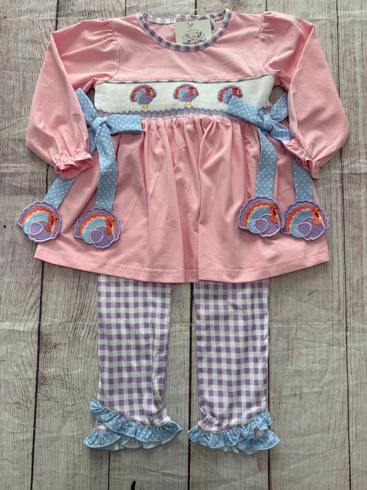 HAND SMOCKED PINK & PURPLE TURKEY PANT SET / ETA LATE AUGUST (po224)