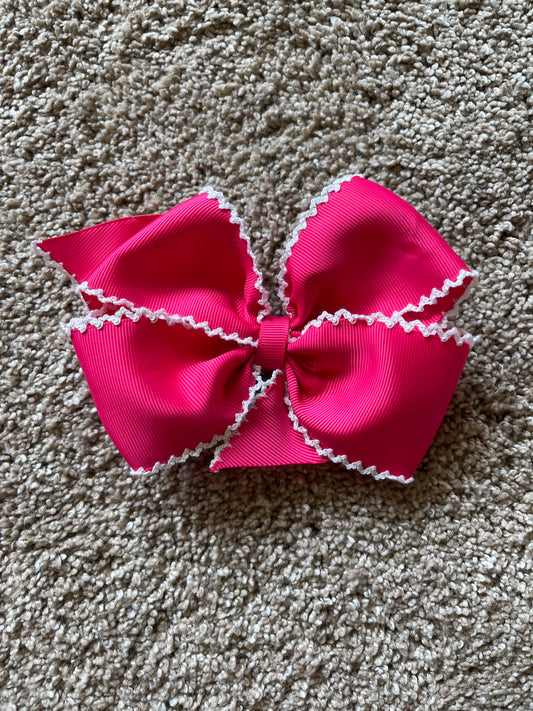 HOT PINK 6” HAIRBOW w/ WHITE MOONSTITCH w/ ALLIGATOR CLIP (po186 extras)