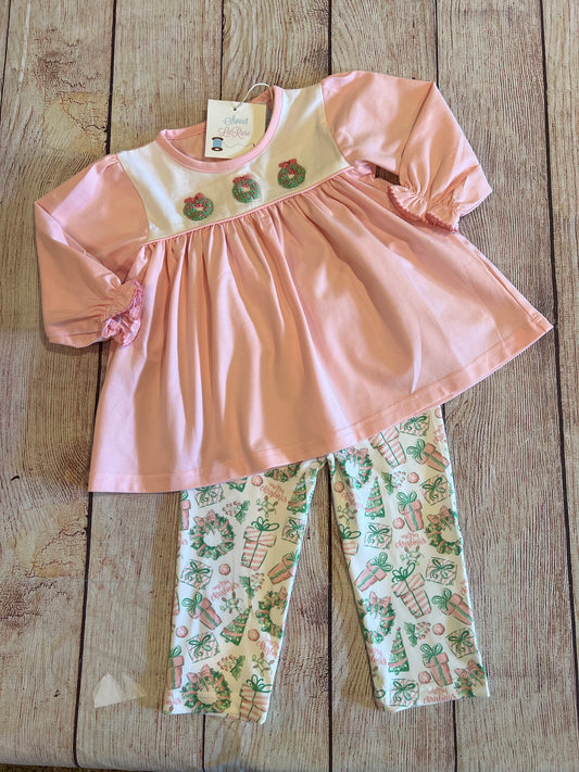 PINK CHRISTMAS WREATH PANT SET