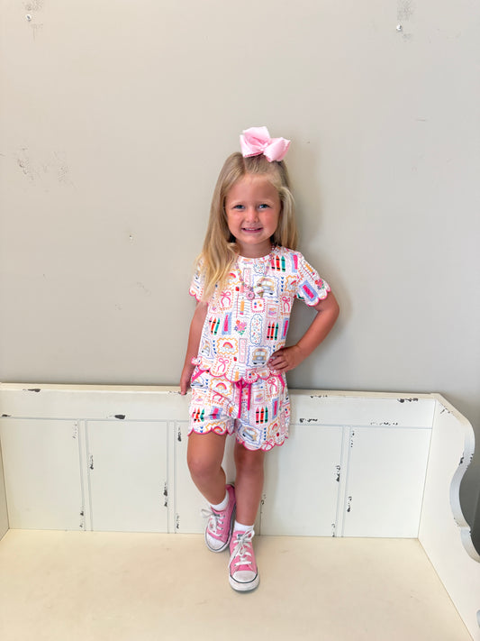 PINK BACK TO SCHOOL SCALLOPED SHORT SET
