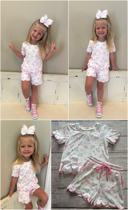 PINK ROSE FLORAL BOW SHORT SET