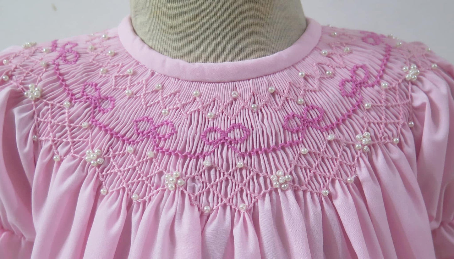 PINK SMOCKED BOW GEOMETRIC DRESS w/ PEARLS (fully lined) / (heirloom #1 extras)