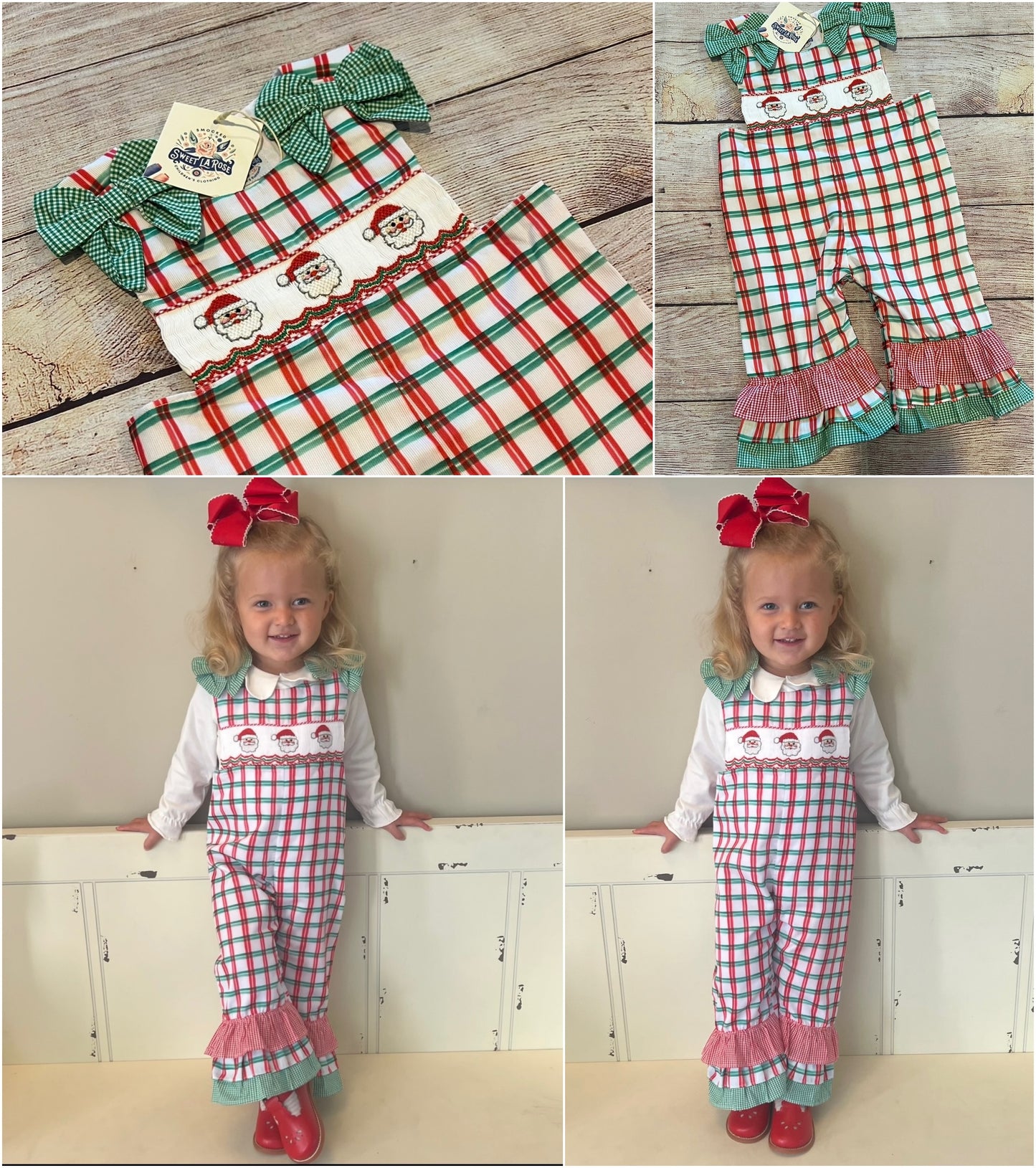 HAND SMOCKED SANTA OVERALLS w/ RUFFLES & BOWS