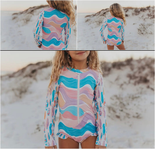PINK & BLUE SURF WAVE ZIP RASH GUARD ONE PIECE SWIMSUIT (swim #1)