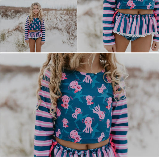 PINK & BLUE AXOLOTL LONG SLEEVE RASH GUARD SWIMSUIT (swim #1)