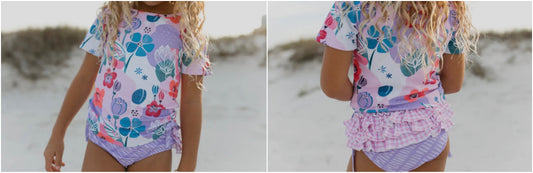 LAVENDER FLORAL RASH GUARD RUFFLE SWIMSUIT (swim #1)