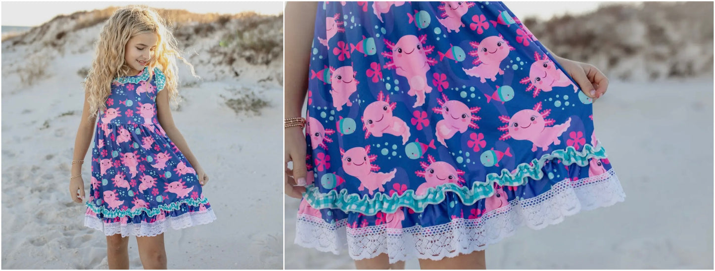 PINK / BLUE AXOLOTL FISH RUFFLE LACE DRESS (swim #1)
