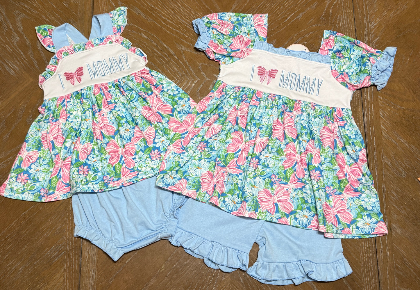 BLUE I LOVE MOMMY EMBROIDERY RUFFLE BLOOMER SET
