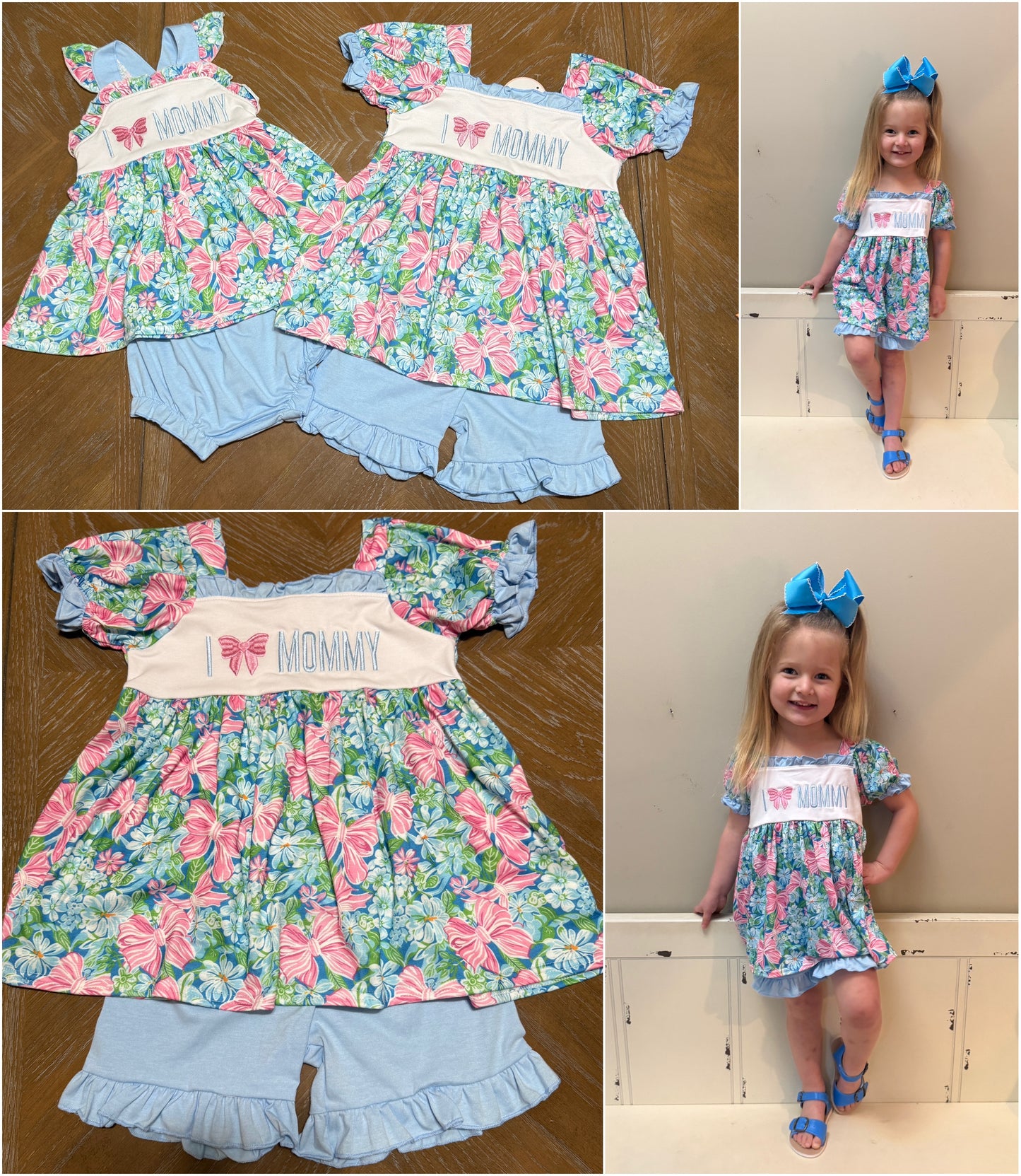 BLUE I LOVE MOMMY EMBROIDERY RUFFLE SHORT SET
